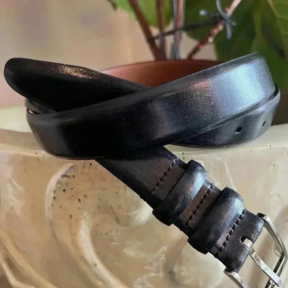 Men’s Genuine Black Leather Belt Silver Buckle Size: 40
